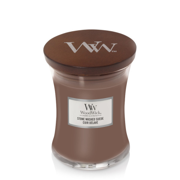 WoodWick® Stone Washed Suede Kerzenglas Mittel 275g mit Knisterdocht
